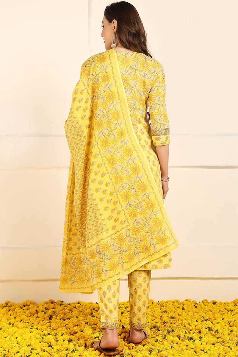 Ahika Yellow Pure Cotton Floral Embroidered Anarkali Suit Set - Distacart