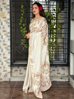 Thumbnail for Evanik Off White Tussar Cotton With Hand Mirror Work Saree With Unstitched Blouse - Distacart