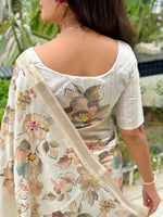 Thumbnail for Evanik Off White Tussar Cotton With Hand Mirror Work Saree With Unstitched Blouse - Distacart
