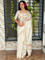 Thumbnail for Evanik Off White Tussar Cotton With Hand Mirror Work Saree With Unstitched Blouse - Distacart