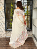 Thumbnail for Evanik Off White Tussar Cotton With Hand Mirror Work Saree With Unstitched Blouse - Distacart