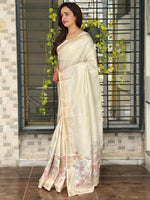 Thumbnail for Evanik Off White Tussar Cotton With Hand Mirror Work Saree With Unstitched Blouse - Distacart