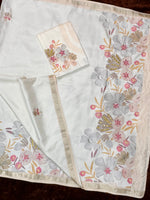 Thumbnail for Evanik Off White Tussar Cotton With Hand Mirror Work Saree With Unstitched Blouse - Distacart