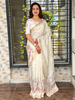 Thumbnail for Evanik Off White Tussar Cotton With Hand Mirror Work Saree With Unstitched Blouse - Distacart