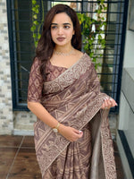 Thumbnail for Evanik Brown Kashmiri Style Digital Printed Saree With Unstitched Blouse - Distacart