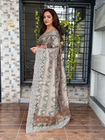 Thumbnail for Evanik Grey Kashmiri Style Digital Printed Saree With Unstitched Blouse - Distacart
