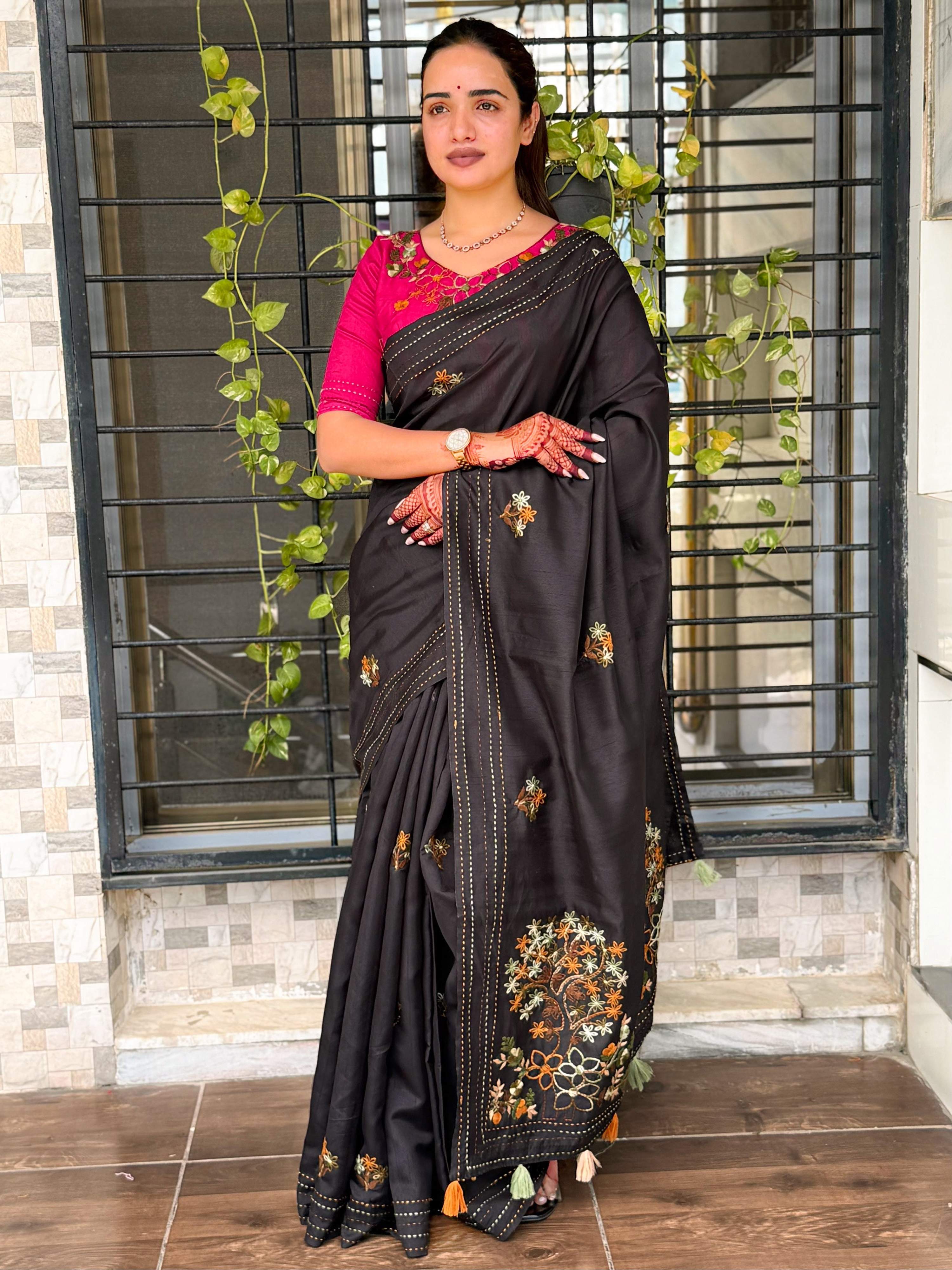 Evanik Black Kashmiri Style Thread Embroidered Work Saree With Unstitched Blouse