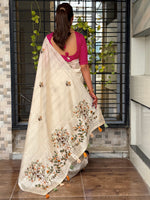 Thumbnail for Evanik Cream Kashmiri Style Thread Embroidered Work Saree With Unstitched Blouse - Distacart