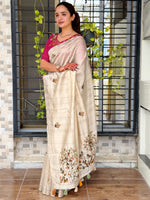 Thumbnail for Evanik Cream Kashmiri Style Thread Embroidered Work Saree With Unstitched Blouse - Distacart