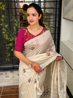 Thumbnail for Evanik Cream Kashmiri Style Thread Embroidered Work Saree With Unstitched Blouse - Distacart