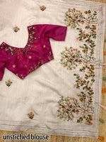 Thumbnail for Evanik Cream Kashmiri Style Thread Embroidered Work Saree With Unstitched Blouse - Distacart