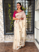 Thumbnail for Evanik Cream Kashmiri Style Thread Embroidered Work Saree With Unstitched Blouse - Distacart