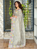Thumbnail for Evanik Grey Sufi Silk Crush With thread & Beads Work Party Wear Saree With Blouse - Distacart