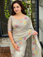 Thumbnail for Evanik Grey Sufi Silk Crush With thread & Beads Work Party Wear Saree With Blouse - Distacart