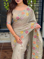 Thumbnail for Evanik Grey Sufi Silk Crush With thread & Beads Work Party Wear Saree With Blouse - Distacart