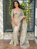 Thumbnail for Evanik Grey Sufi Silk Crush With thread & Beads Work Party Wear Saree With Blouse - Distacart