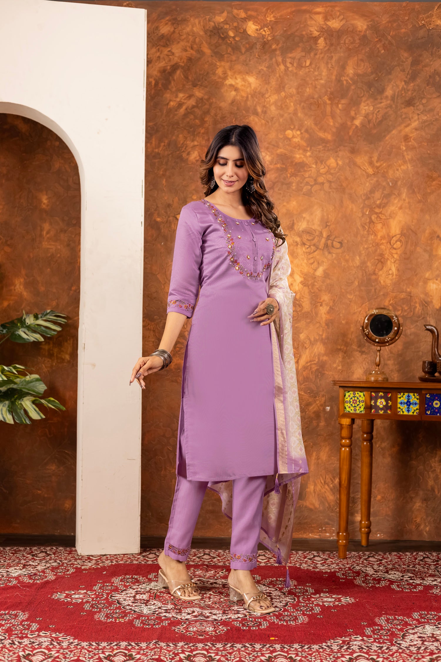 Lorenvalley Fashion Lavender Marina Silk Multi Embroidery Thread with Hand work Kurta Pant Dupatta