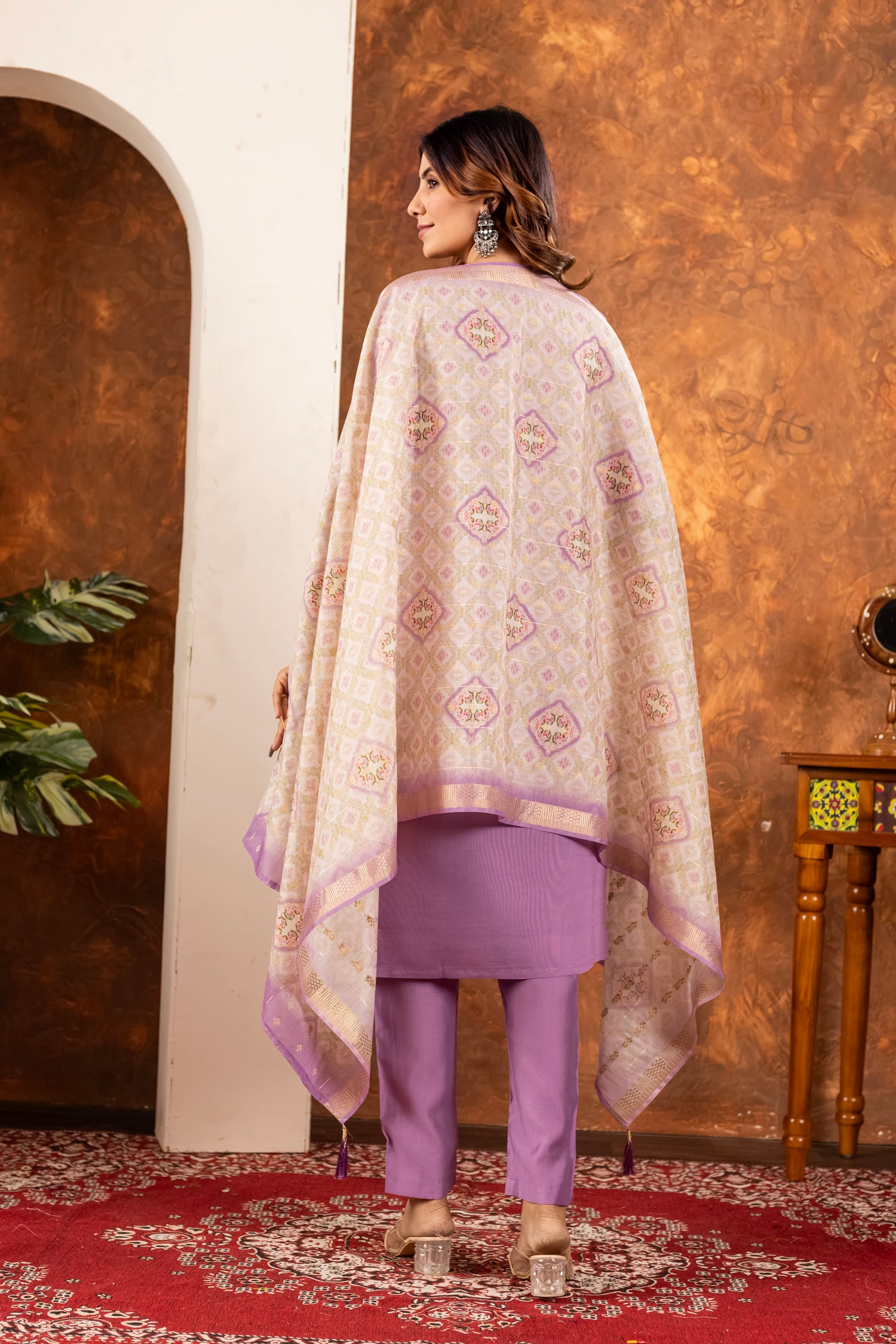 Lorenvalley Fashion Lavender Marina Silk Multi Embroidery Thread with Hand work Kurta Pant Dupatta