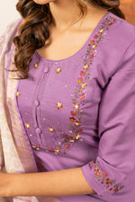 Thumbnail for Lorenvalley Fashion Lavender Marina Silk Multi Embroidery Thread with Hand work Kurta Pant Dupatta