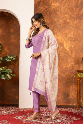 Lorenvalley Fashion Lavender Marina Silk Multi Embroidery Thread with Hand work Kurta Pant Dupatta