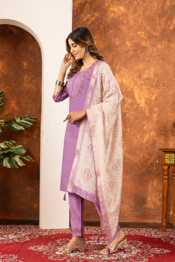 Lorenvalley Fashion Lavender Marina Silk Multi Embroidery Thread with Hand work Kurta Pant Dupatta