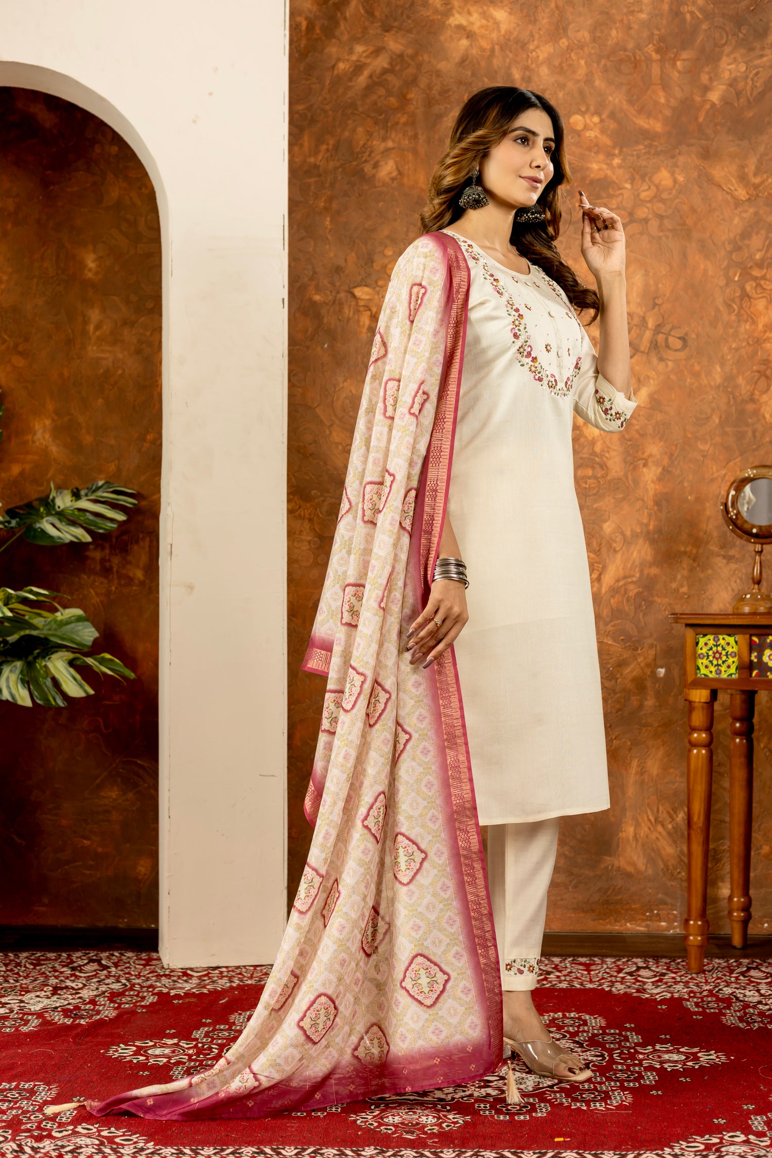 Lorenvalley Fashion Offwhite Marina Silk Multi Embroidery Thread with Hand work Kurta Pant Dupatta