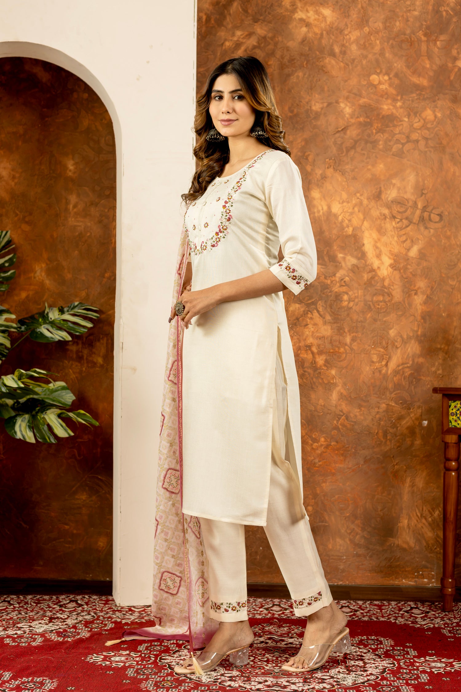 Lorenvalley Fashion Offwhite Marina Silk Multi Embroidery Thread with Hand work Kurta Pant Dupatta