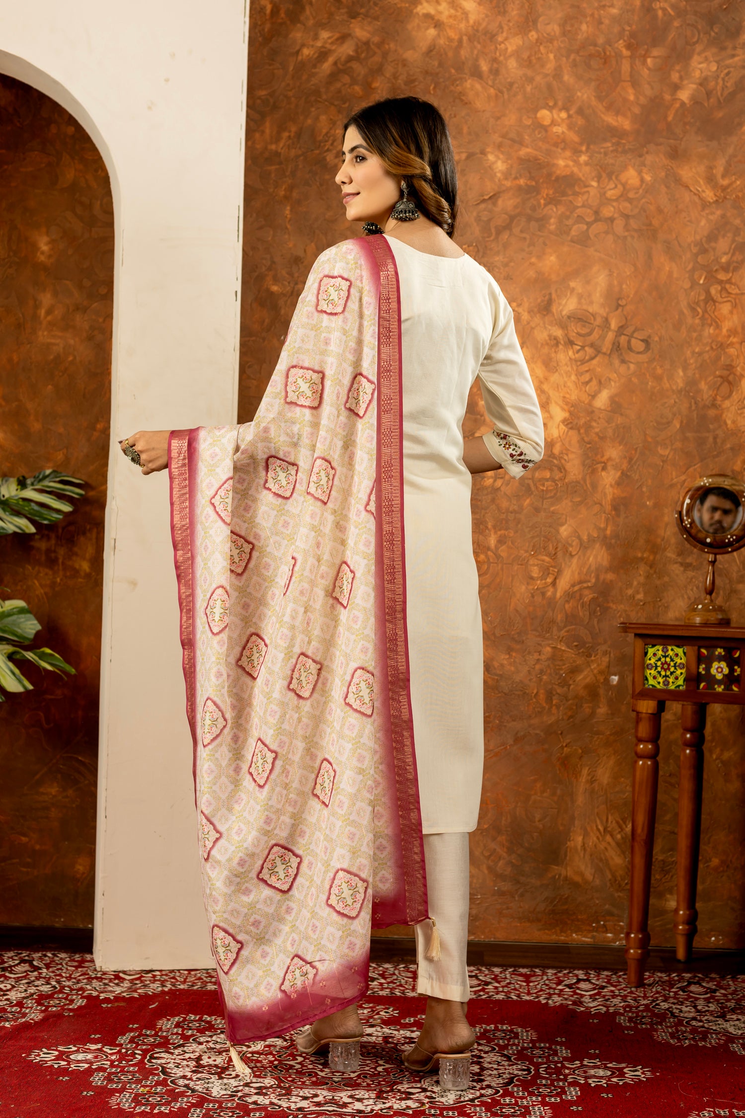 Lorenvalley Fashion Offwhite Marina Silk Multi Embroidery Thread with Hand work Kurta Pant Dupatta