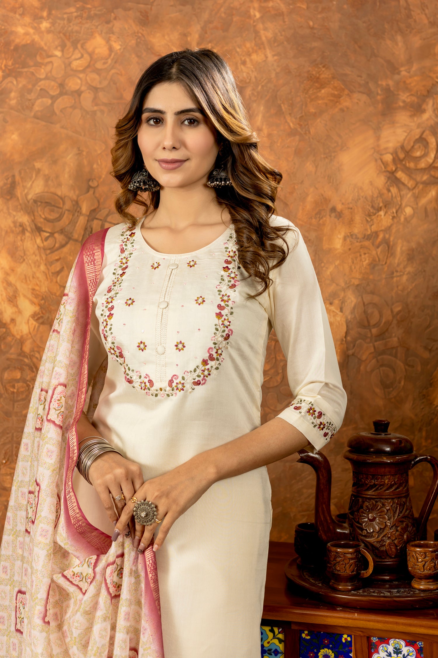 Lorenvalley Fashion Offwhite Marina Silk Multi Embroidery Thread with Hand work Kurta Pant Dupatta