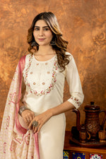 Thumbnail for Lorenvalley Fashion Offwhite Marina Silk Multi Embroidery Thread with Hand work Kurta Pant Dupatta