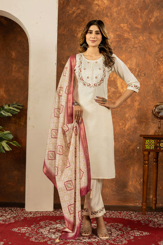 Lorenvalley Fashion Offwhite Marina Silk Multi Embroidery Thread with Hand work Kurta Pant Dupatta