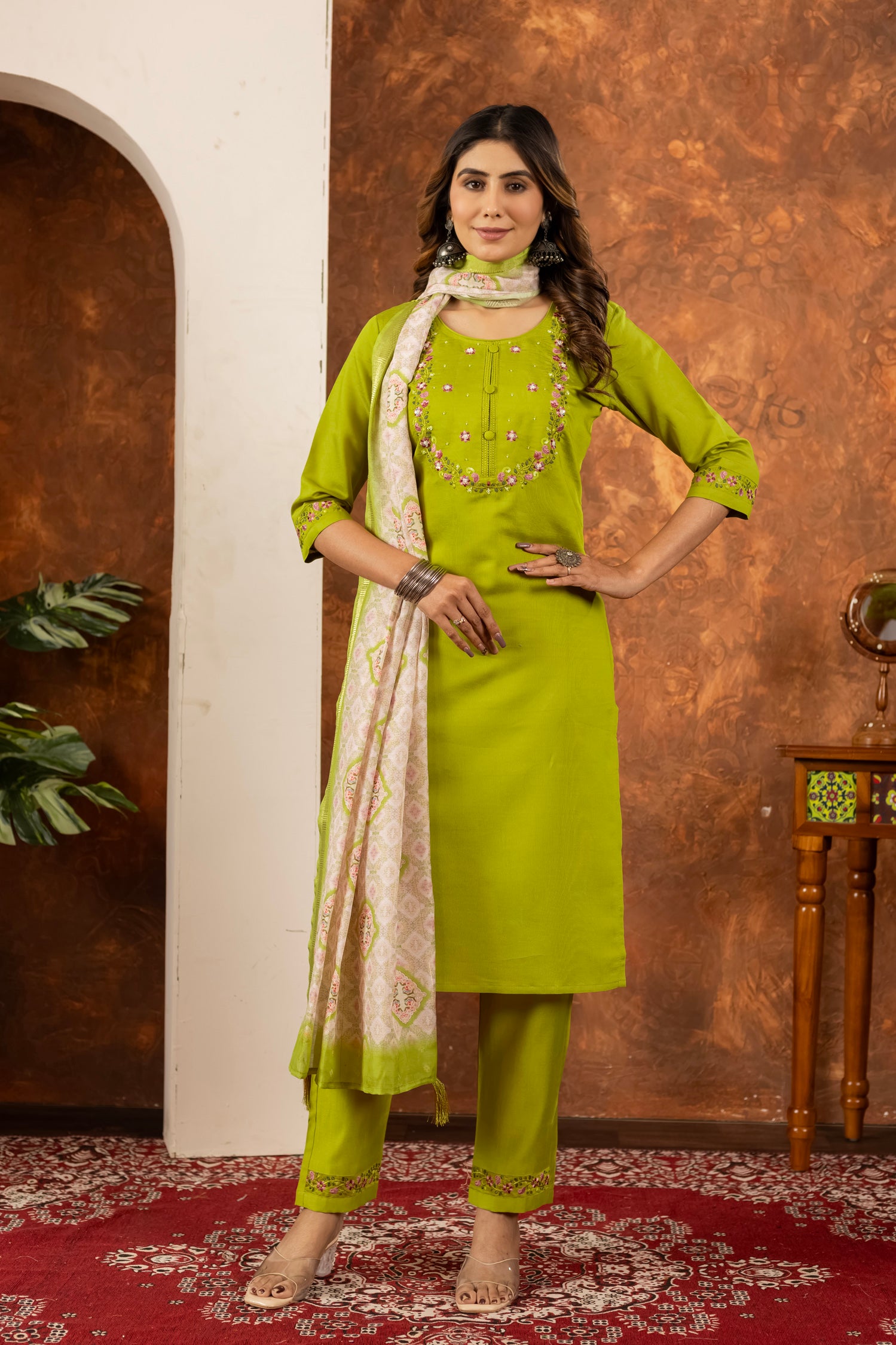Lorenvalley Fashion Parrotgreen Marina Silk Multi Embroidery Thread with Hand work Kurta Pant Dupatta