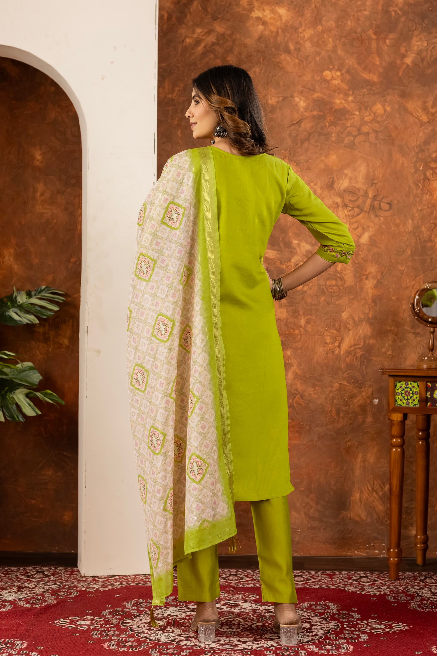 Lorenvalley Fashion Parrotgreen Marina Silk Multi Embroidery Thread with Hand work Kurta Pant Dupatta