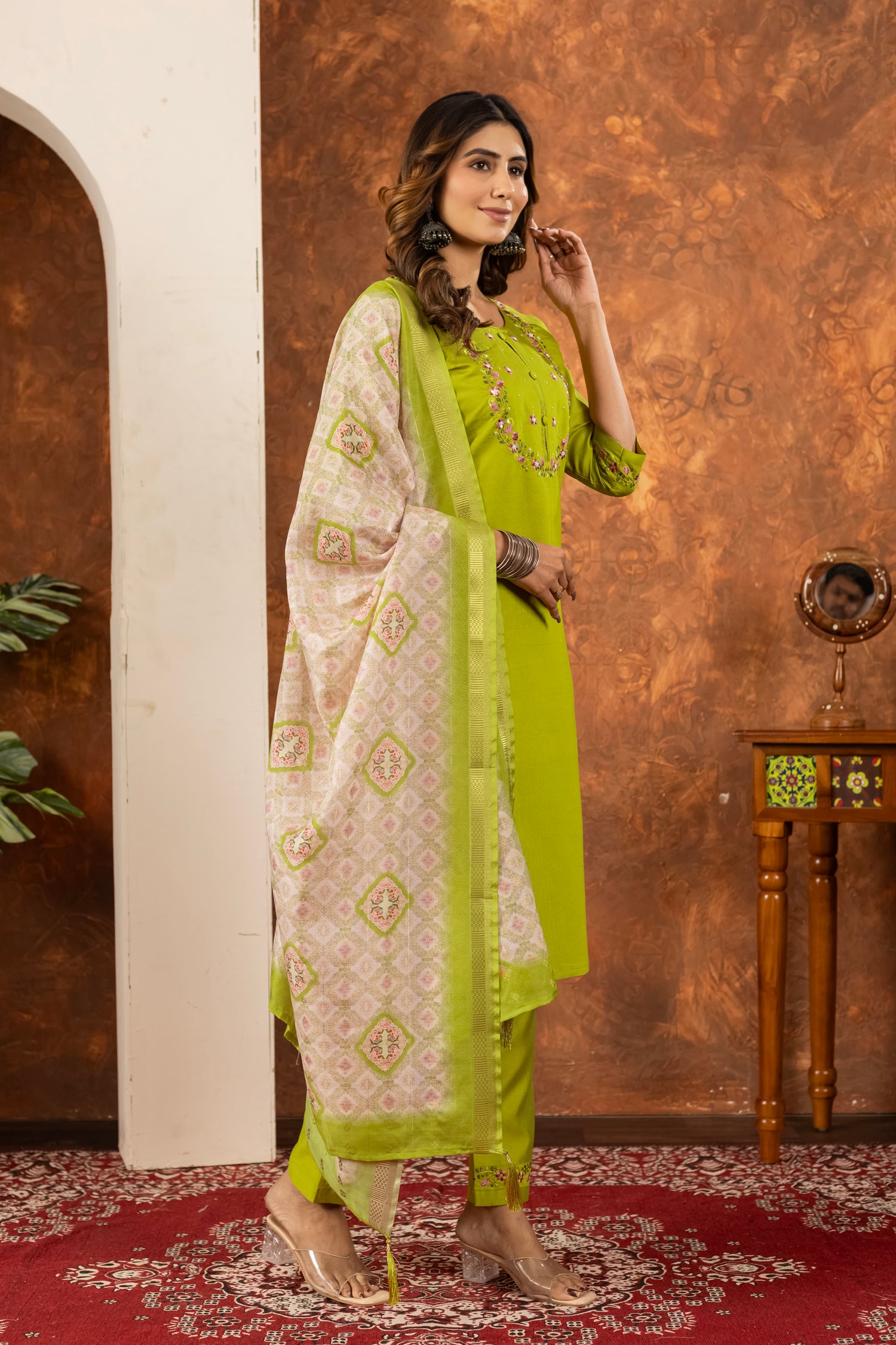 Lorenvalley Fashion Parrotgreen Marina Silk Multi Embroidery Thread with Hand work Kurta Pant Dupatta