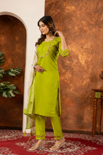 Thumbnail for Lorenvalley Fashion Parrotgreen Marina Silk Multi Embroidery Thread with Hand work Kurta Pant Dupatta