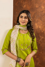 Thumbnail for Lorenvalley Fashion Parrotgreen Marina Silk Multi Embroidery Thread with Hand work Kurta Pant Dupatta