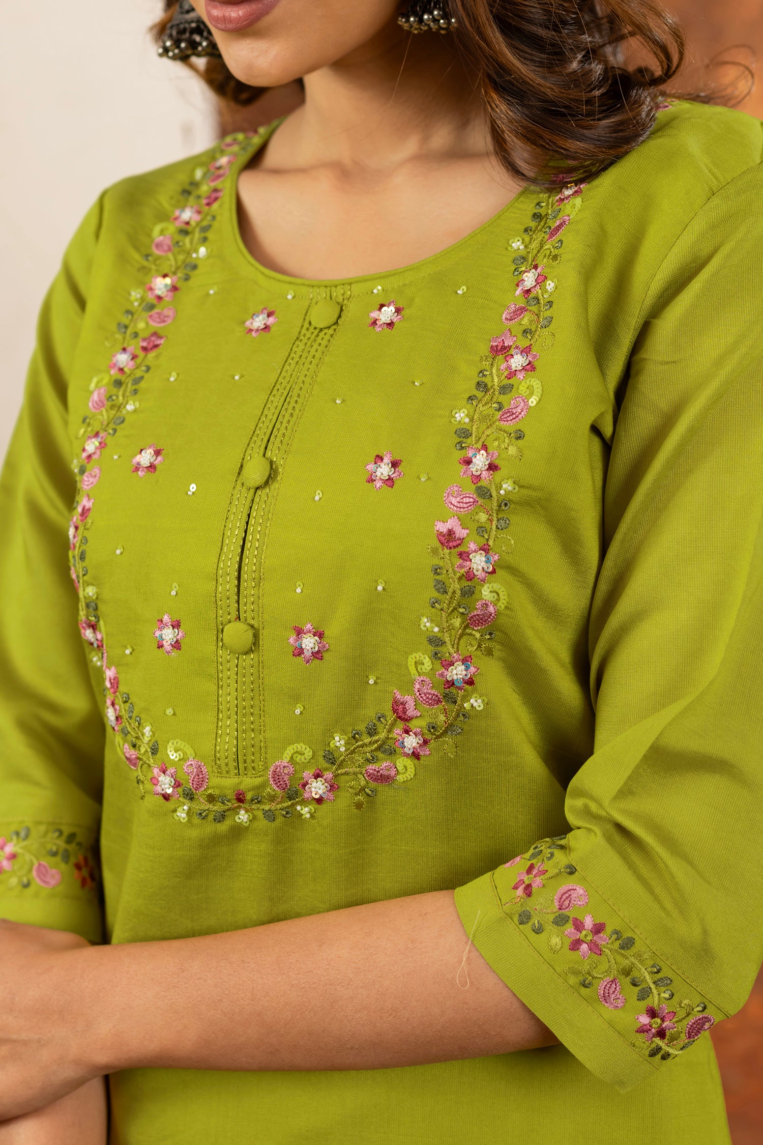 Lorenvalley Fashion Parrotgreen Marina Silk Multi Embroidery Thread with Hand work Kurta Pant Dupatta