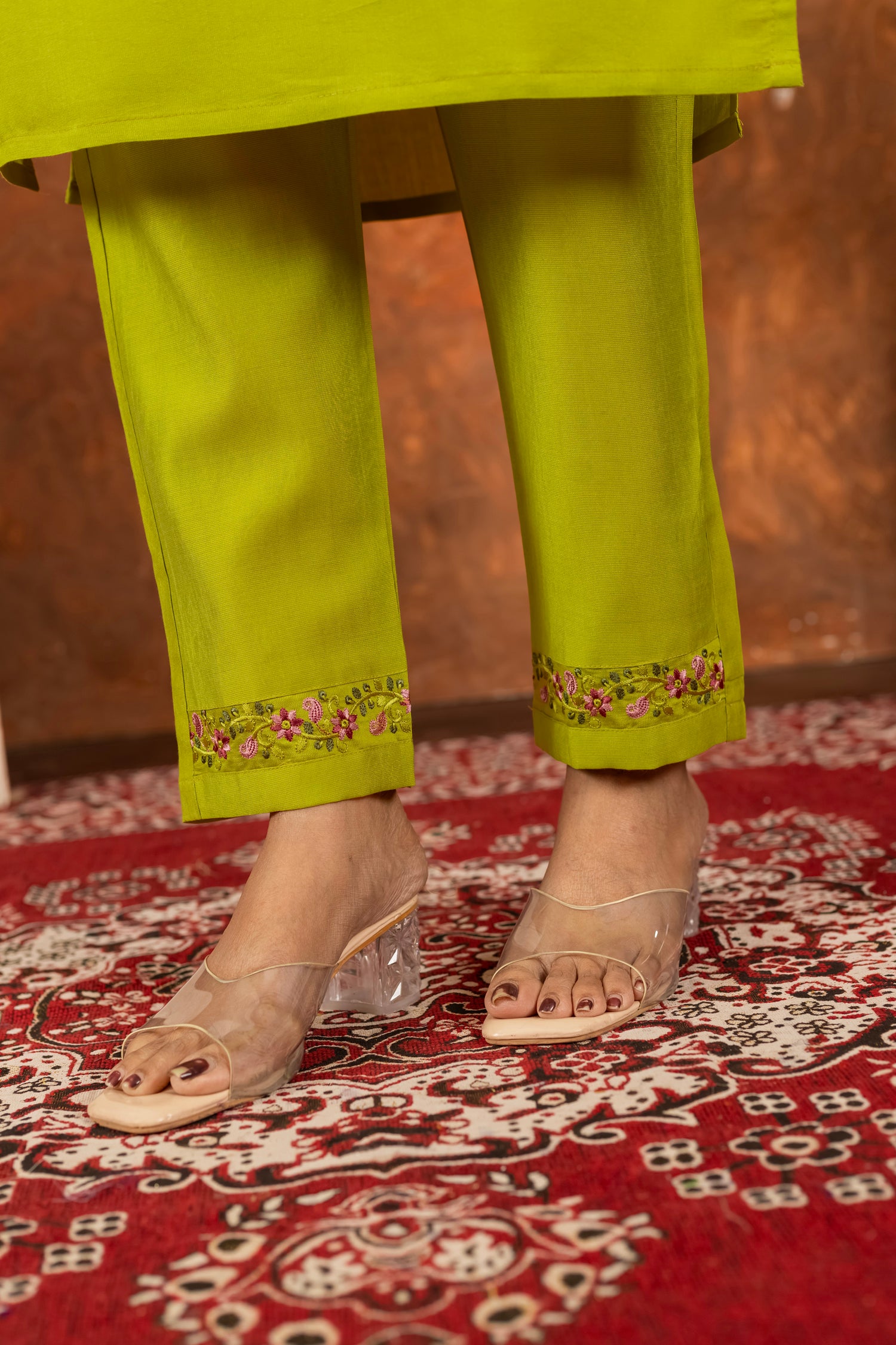 Lorenvalley Fashion Parrotgreen Marina Silk Multi Embroidery Thread with Hand work Kurta Pant Dupatta