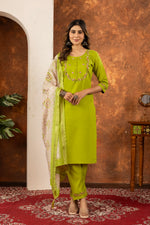 Thumbnail for Lorenvalley Fashion Parrotgreen Marina Silk Multi Embroidery Thread with Hand work Kurta Pant Dupatta
