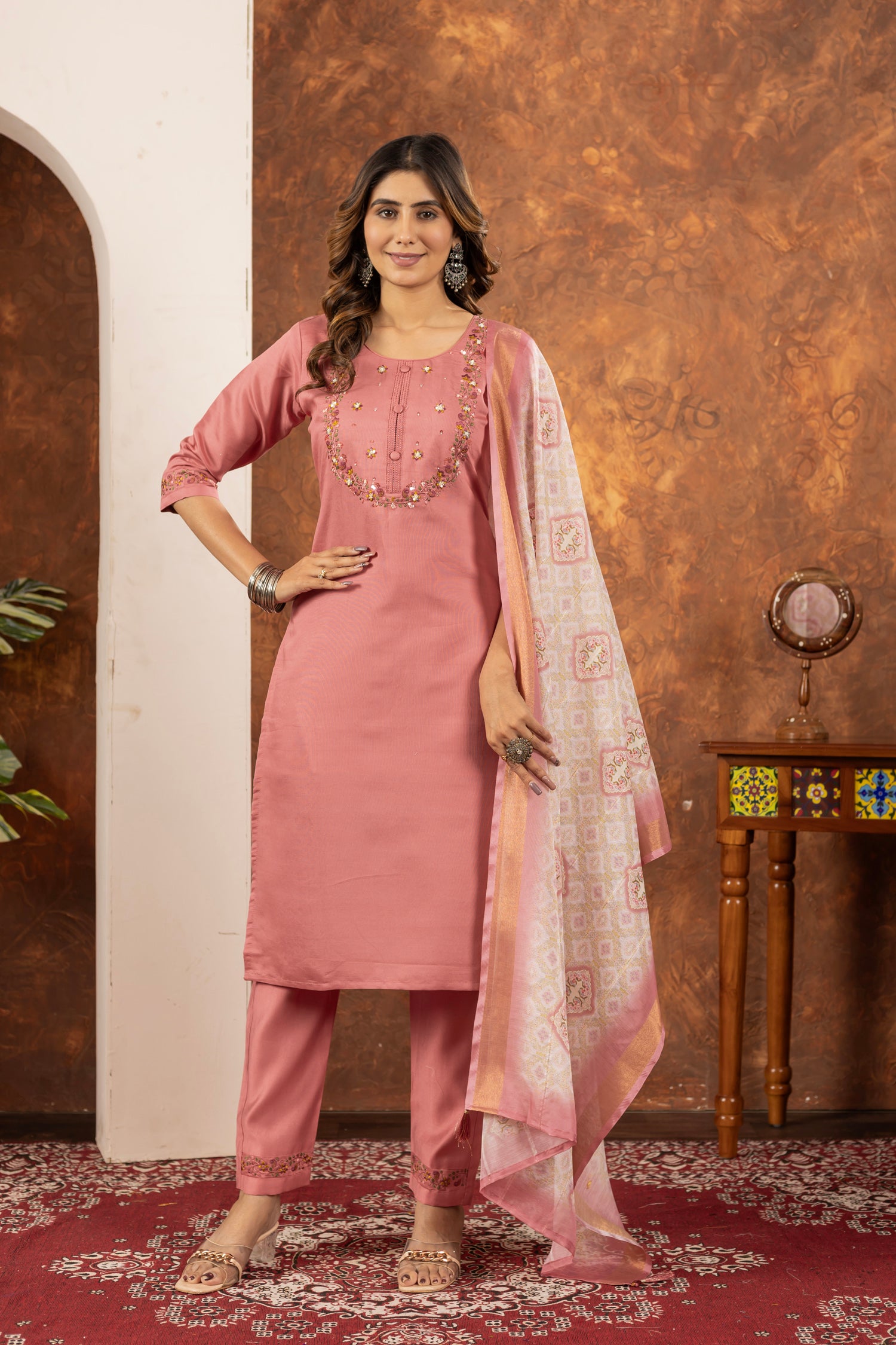 Lorenvalley Fashion Peach Marina Silk Multi Embroidery Thread with Hand work Kurta Pant Dupatta