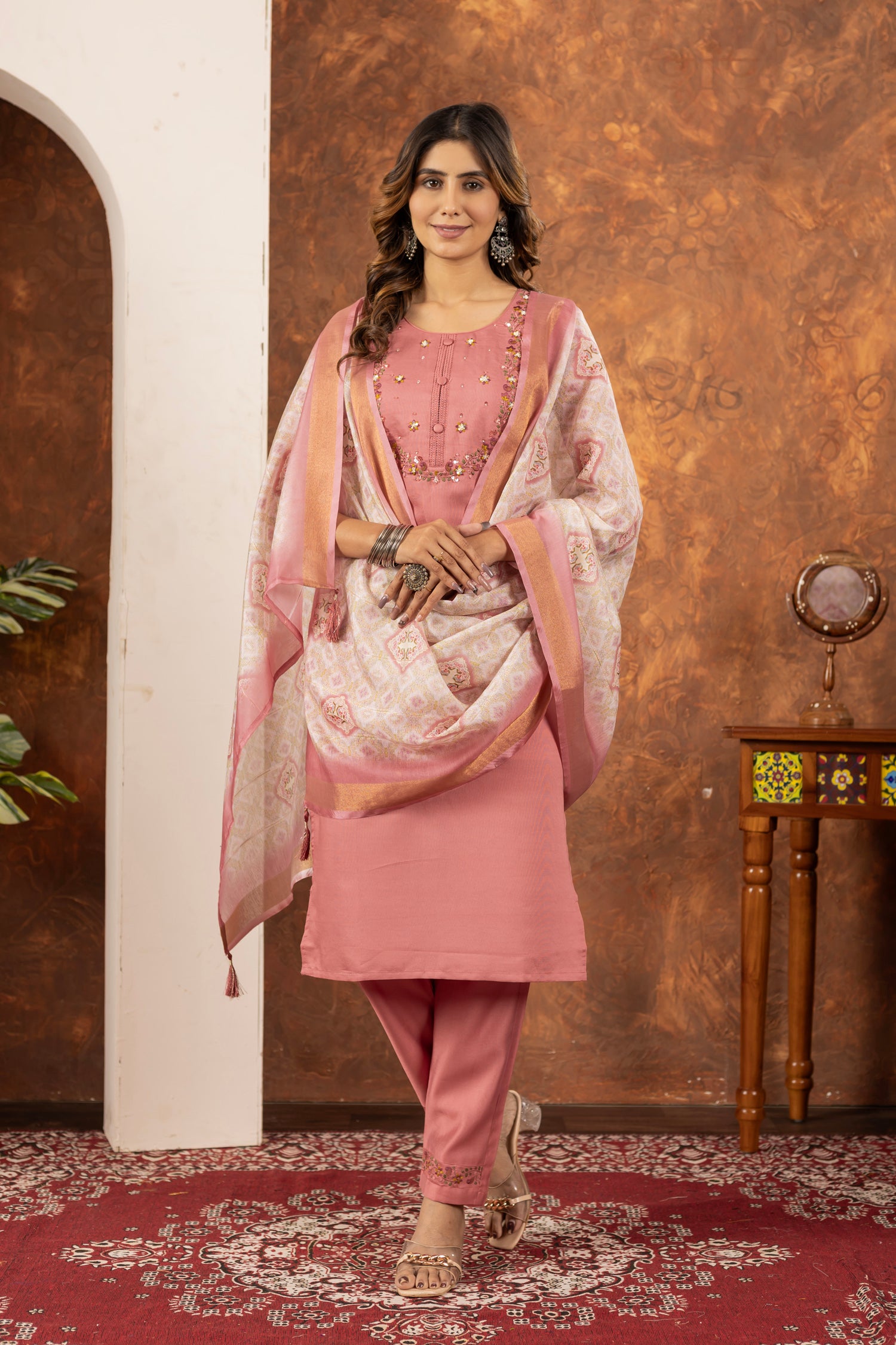 Lorenvalley Fashion Peach Marina Silk Multi Embroidery Thread with Hand work Kurta Pant Dupatta