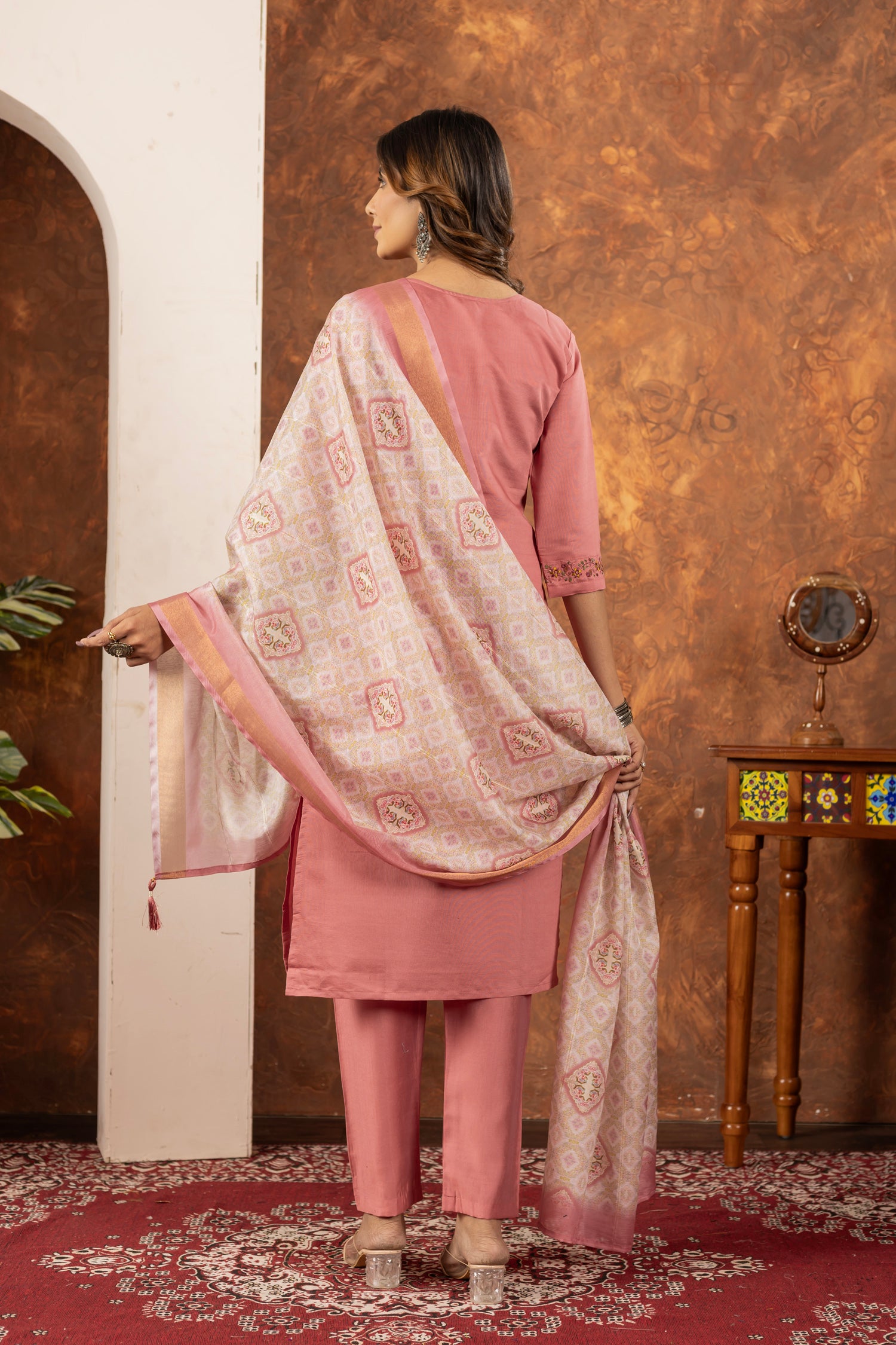 Lorenvalley Fashion Peach Marina Silk Multi Embroidery Thread with Hand work Kurta Pant Dupatta