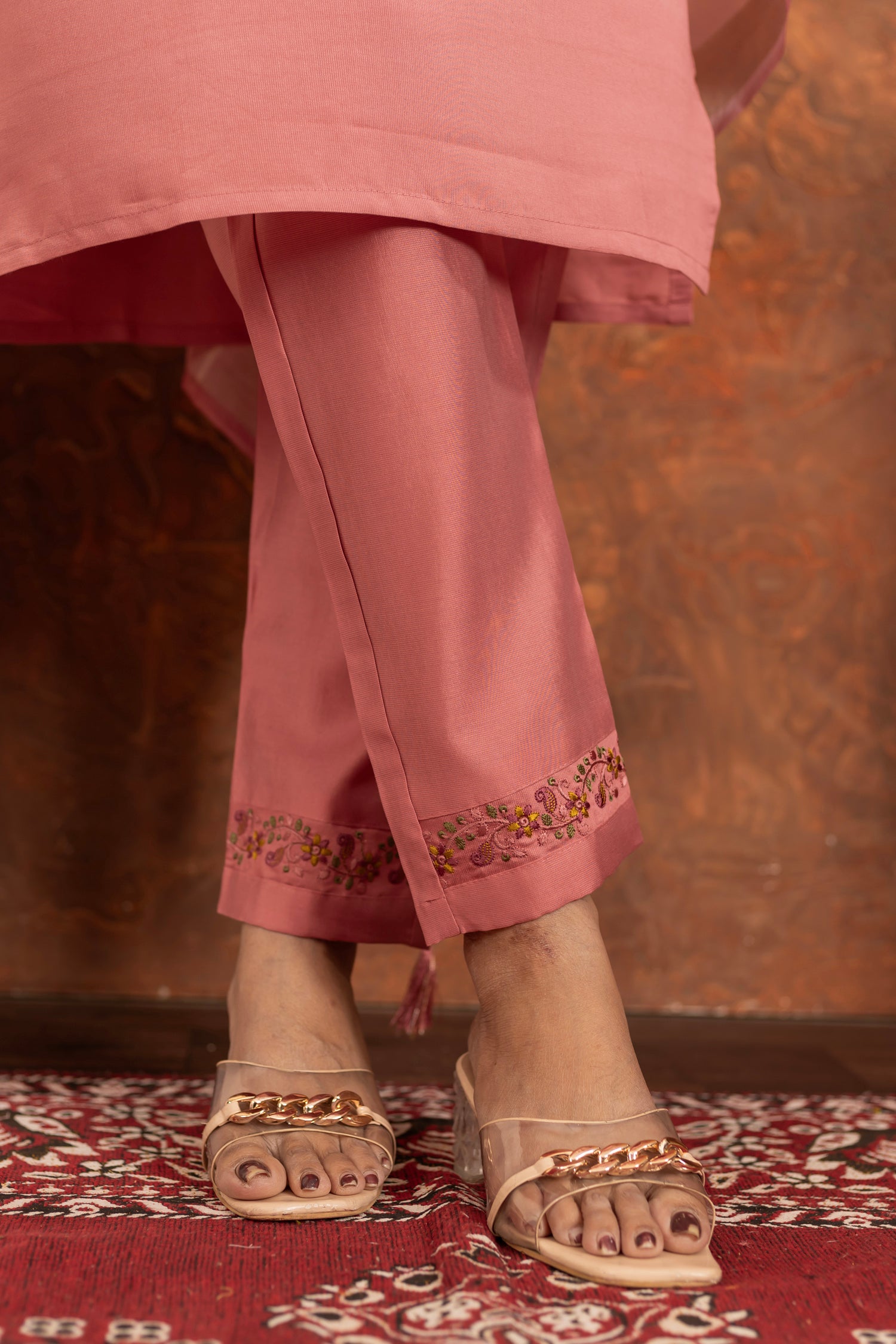 Lorenvalley Fashion Peach Marina Silk Multi Embroidery Thread with Hand work Kurta Pant Dupatta