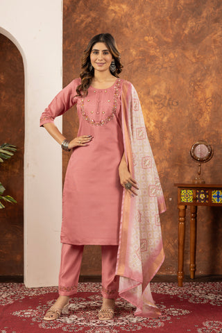 Lorenvalley Fashion Peach Marina Silk Multi Embroidery Thread with Hand work Kurta Pant Dupatta