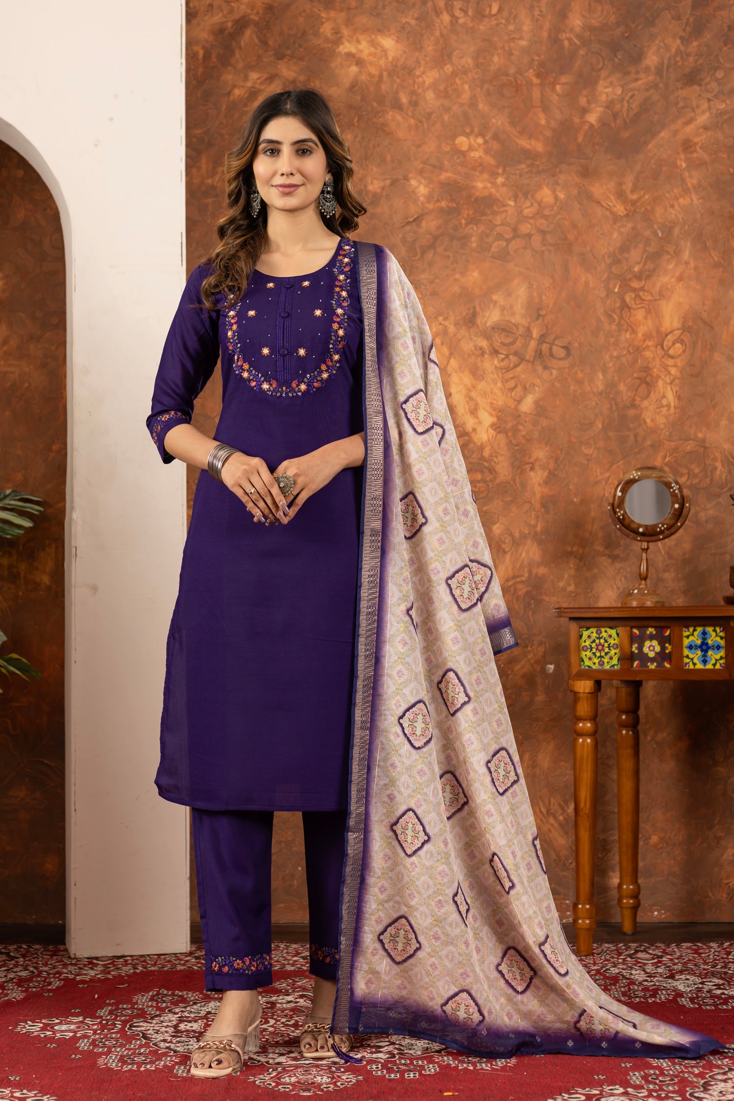 Lorenvalley Fashion Purple Marina Silk Multi Embroidery Thread with Hand work Kurta Pant Dupatta