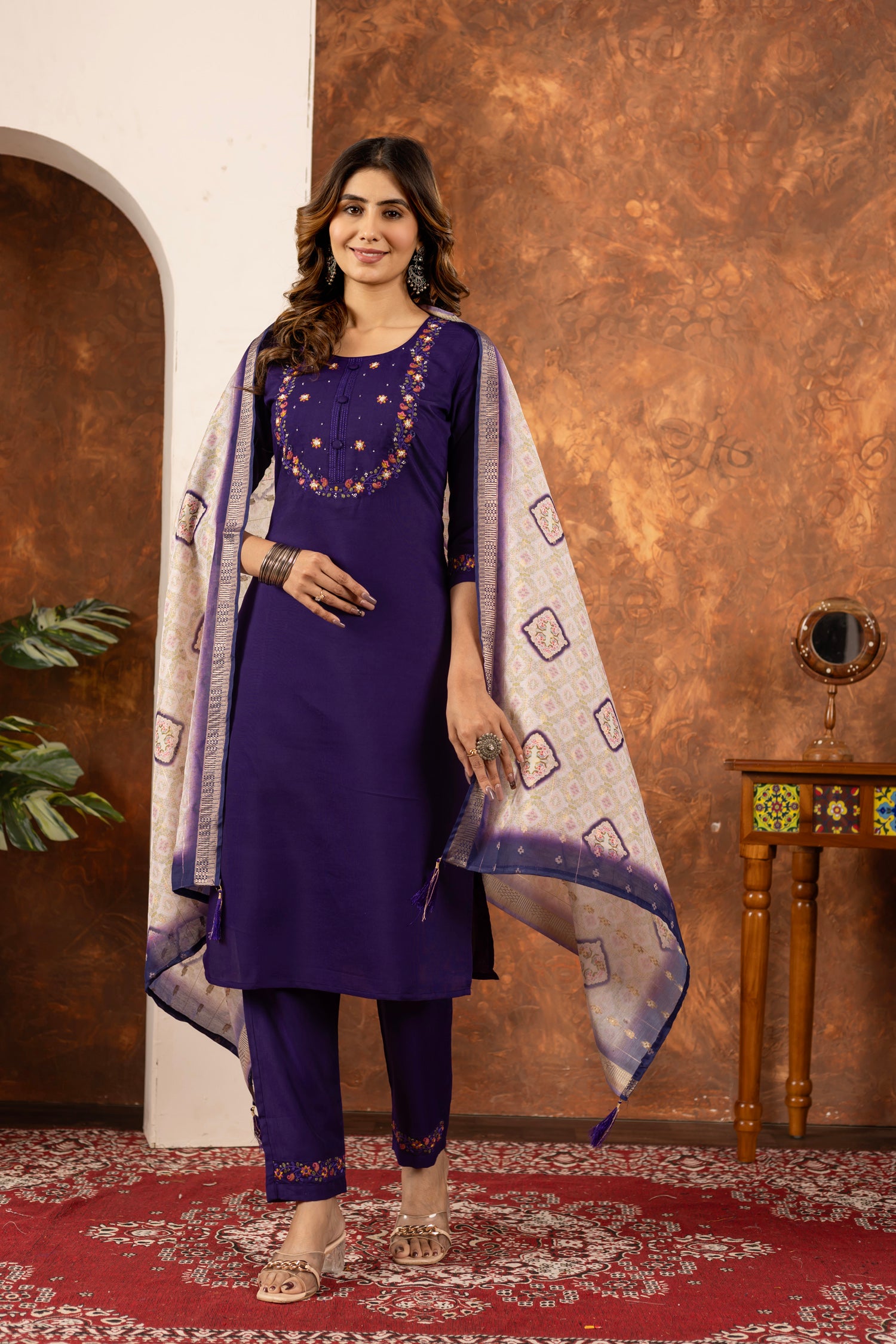 Lorenvalley Fashion Purple Marina Silk Multi Embroidery Thread with Hand work Kurta Pant Dupatta