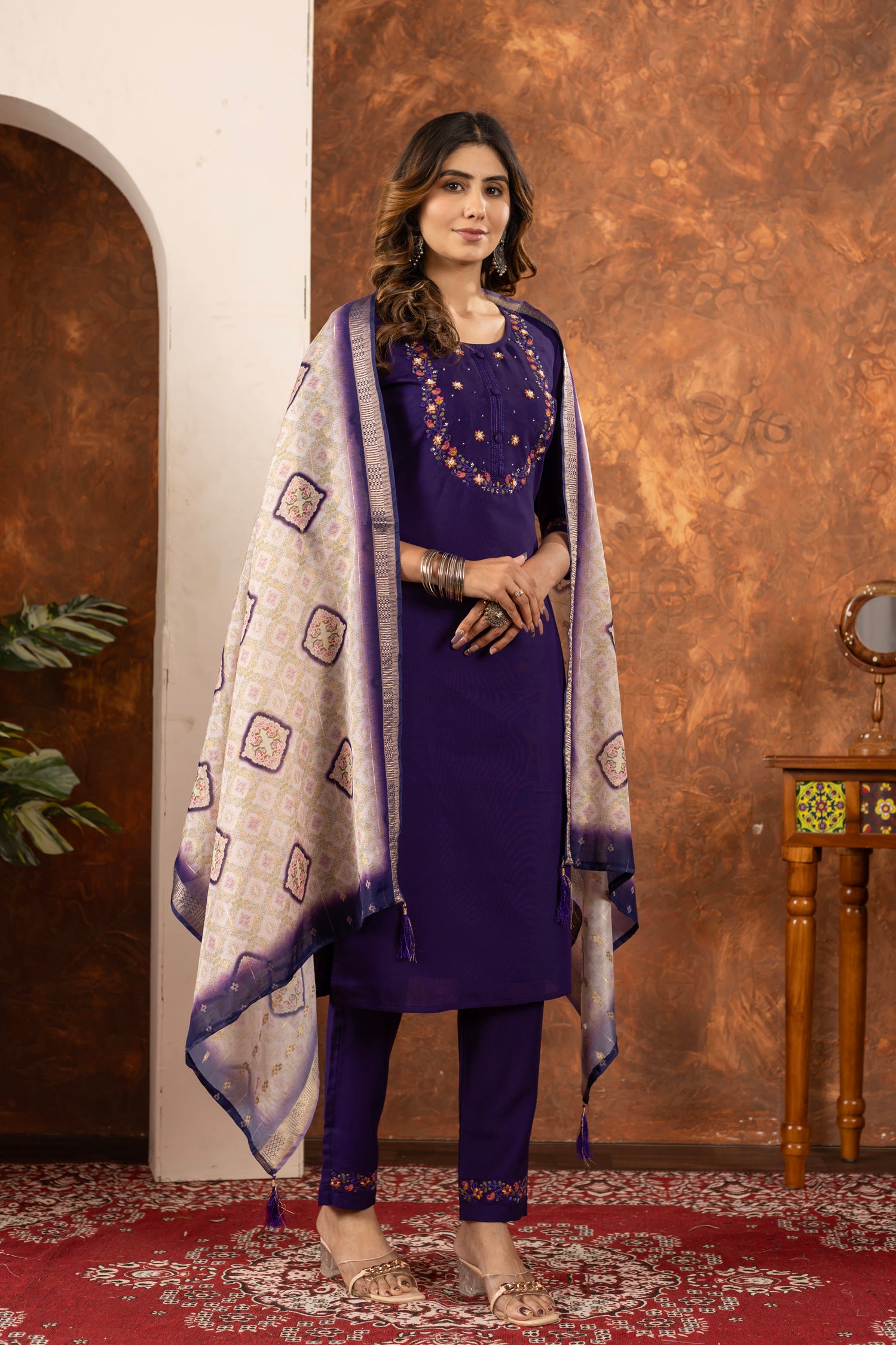 Lorenvalley Fashion Purple Marina Silk Multi Embroidery Thread with Hand work Kurta Pant Dupatta