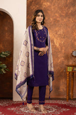 Thumbnail for Lorenvalley Fashion Purple Marina Silk Multi Embroidery Thread with Hand work Kurta Pant Dupatta