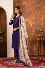 Thumbnail for Lorenvalley Fashion Purple Marina Silk Multi Embroidery Thread with Hand work Kurta Pant Dupatta