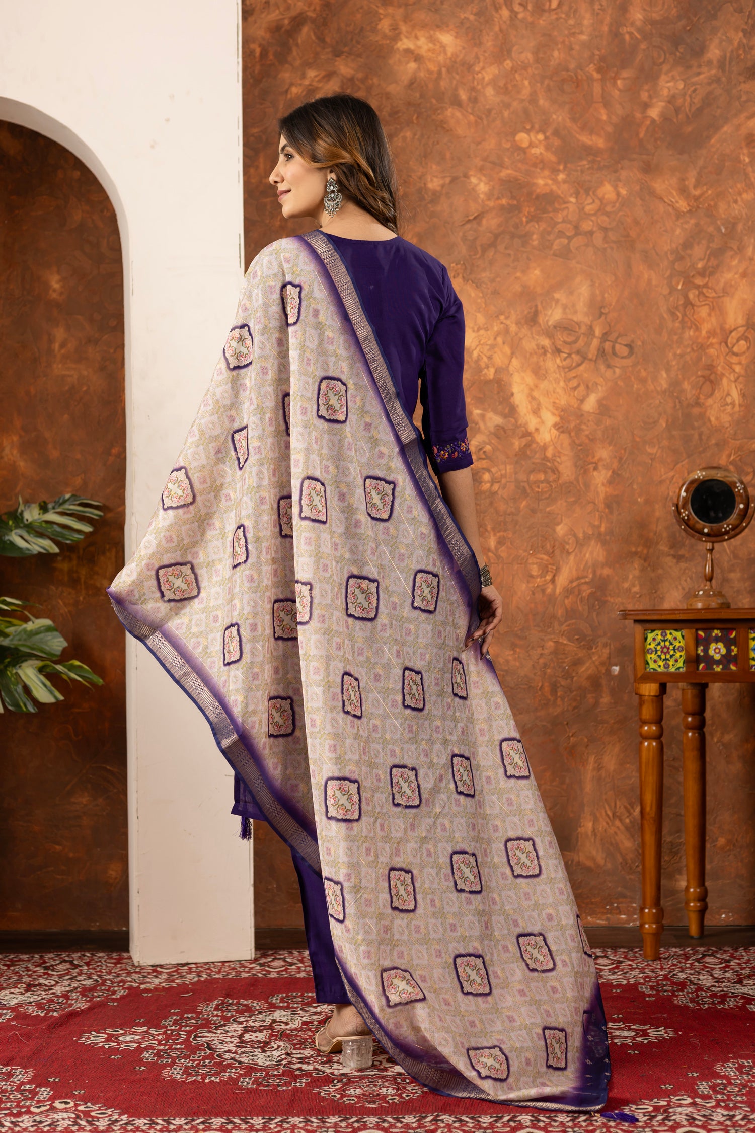 Lorenvalley Fashion Purple Marina Silk Multi Embroidery Thread with Hand work Kurta Pant Dupatta
